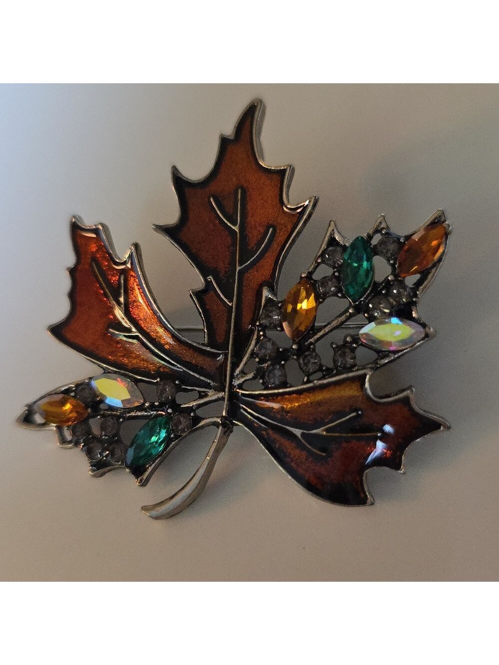 Maple Leaf Fall Brooch Bejeweled with Simulated Aurora Borealis